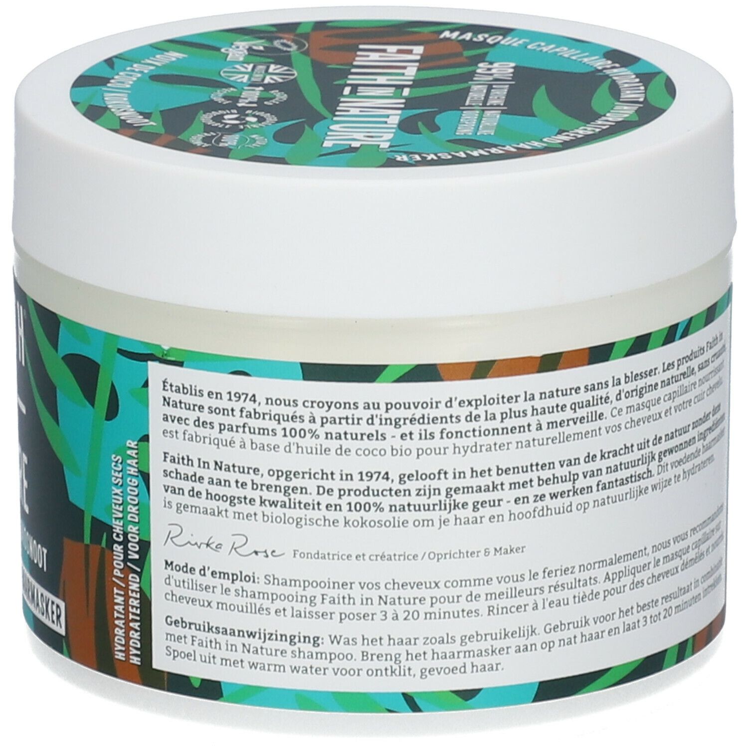 Pot rond avec étiquette verte et blanche. Inscription: FAITH IN NATURE, masque capillaire à la noix de coco. 300 ml. Couvercle avec logo et texte.
