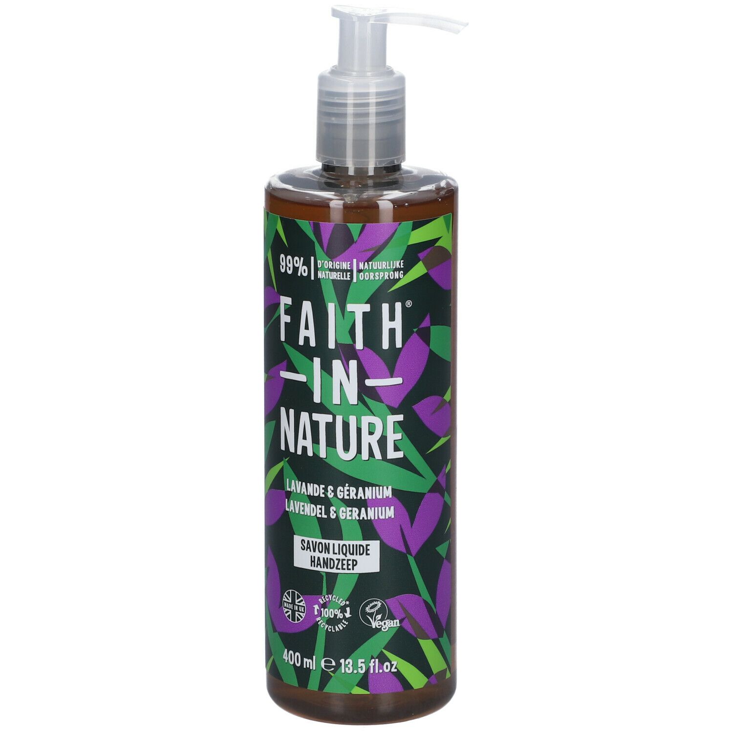 Flüssige Handseife mit Spender. Lavendel und Geranie. Grüne und violette Blätter auf braunem Hintergrund. 400 ml.