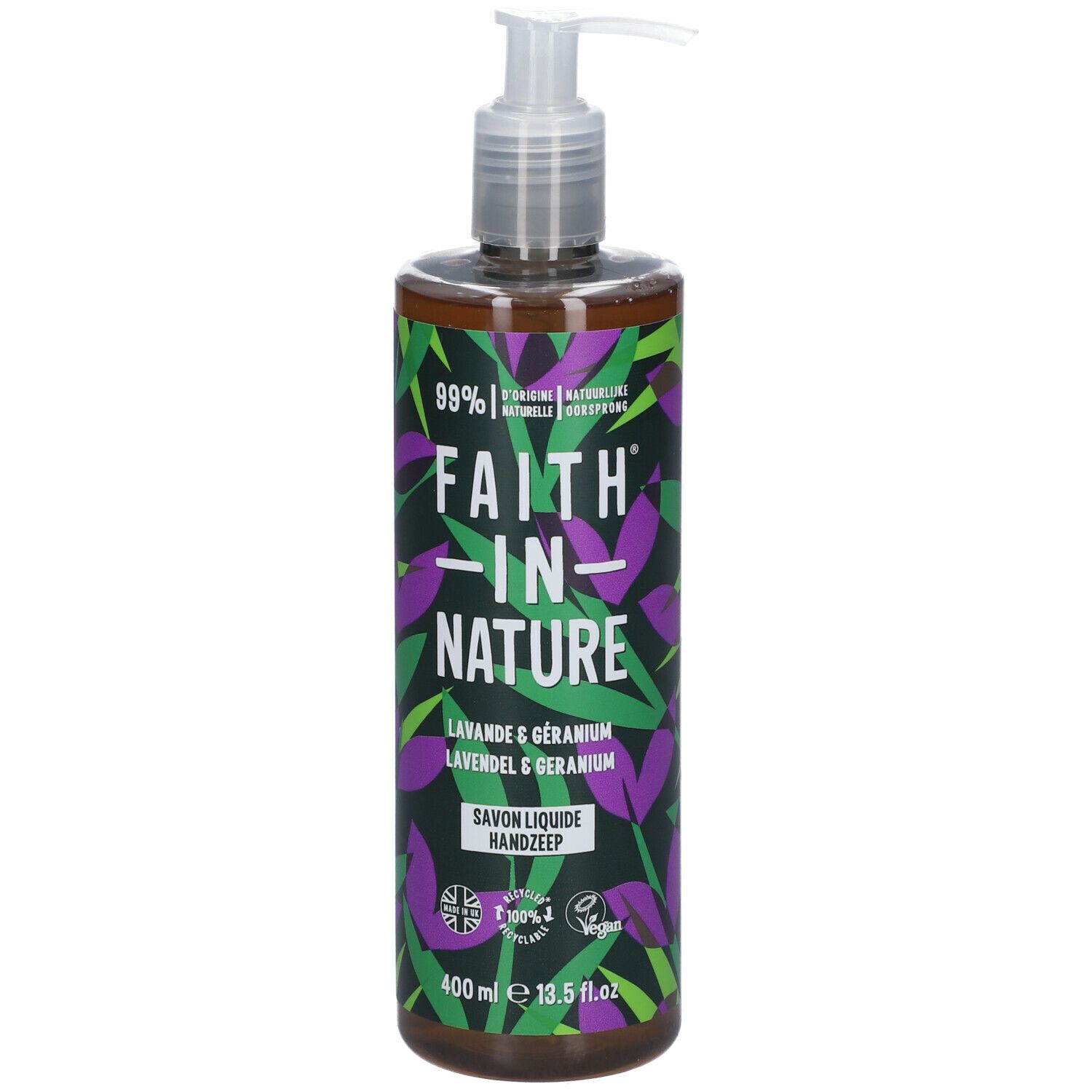 Flüssige Handseife mit Spender. Lavendel und Geranie. Grüne und violette Blätter auf braunem Hintergrund. 400 ml.