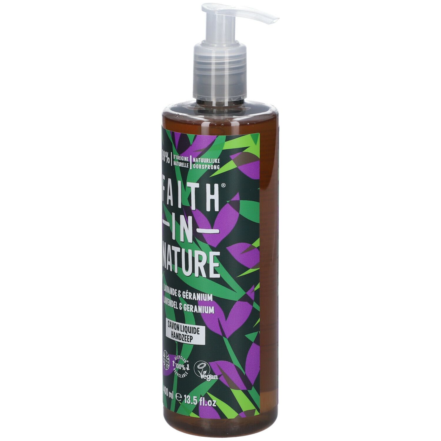Flüssige Handseife mit Spender. Lavendel und Geranie. Grüne und violette Blätter auf braunem Hintergrund. 400 ml.