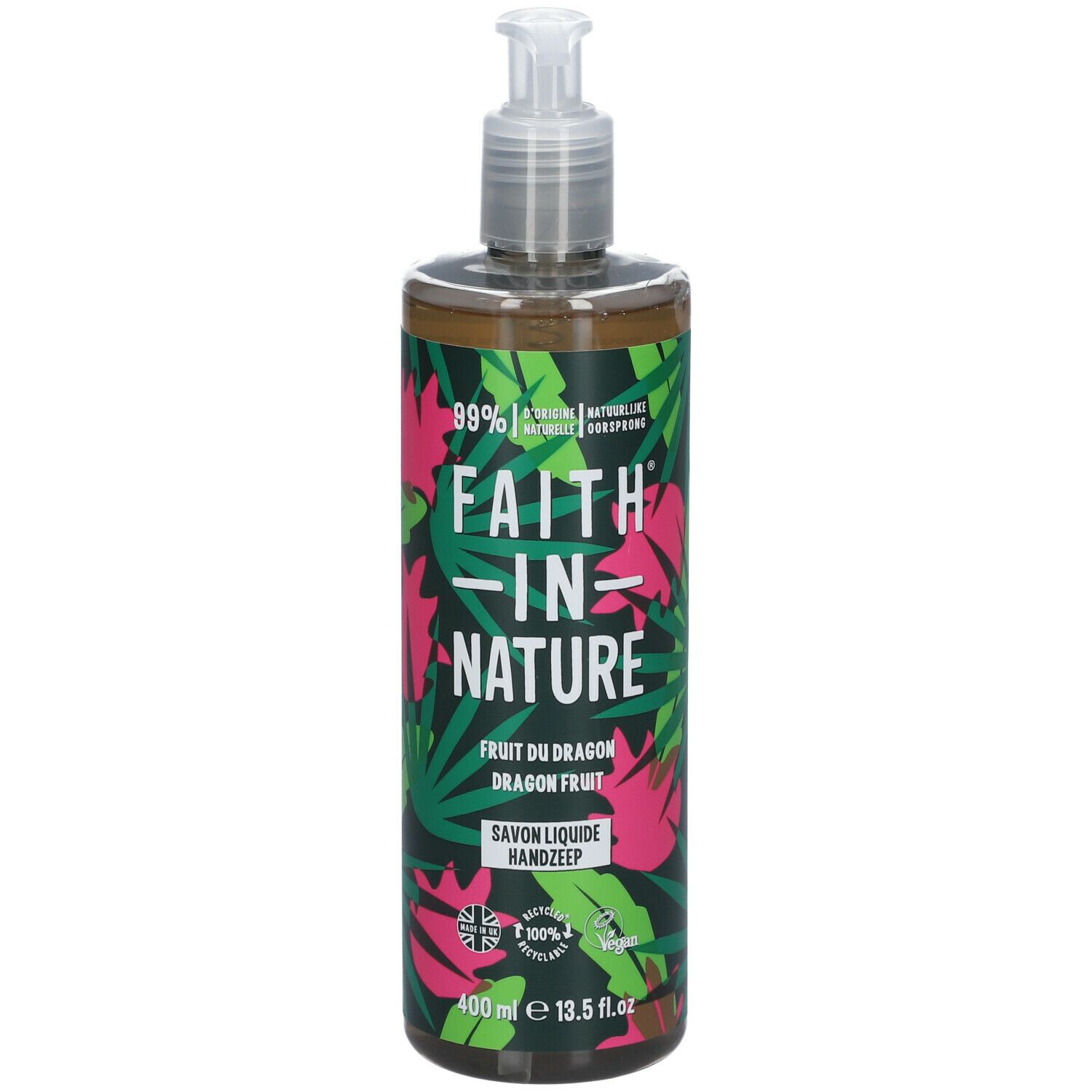 Savon liquide pour les mains à la pitaya. Bouteille avec pompe. Inscription : Faith in Nature, 400 ml.