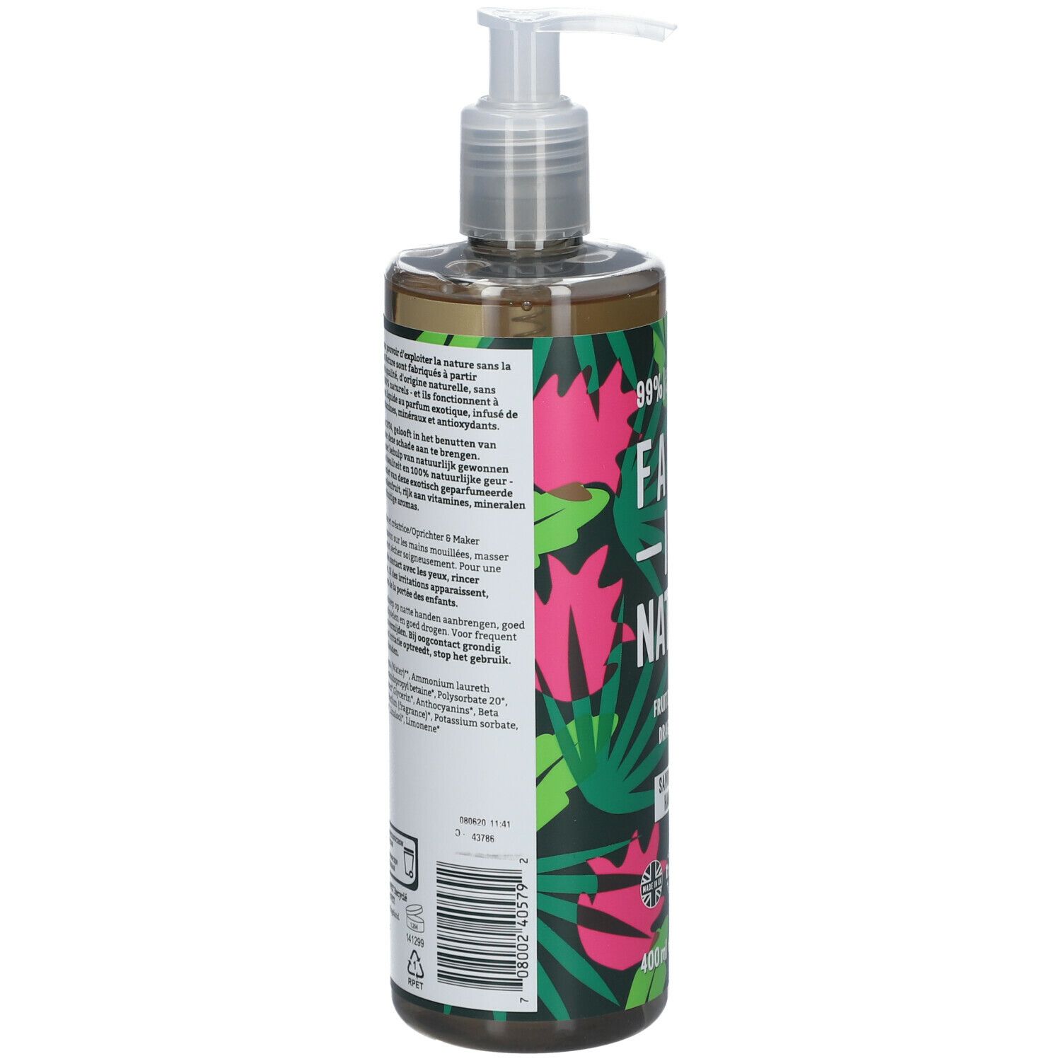 Dos de la bouteille de savon pour les mains. Texte multilingue. Informations sur les ingrédients et certifications.