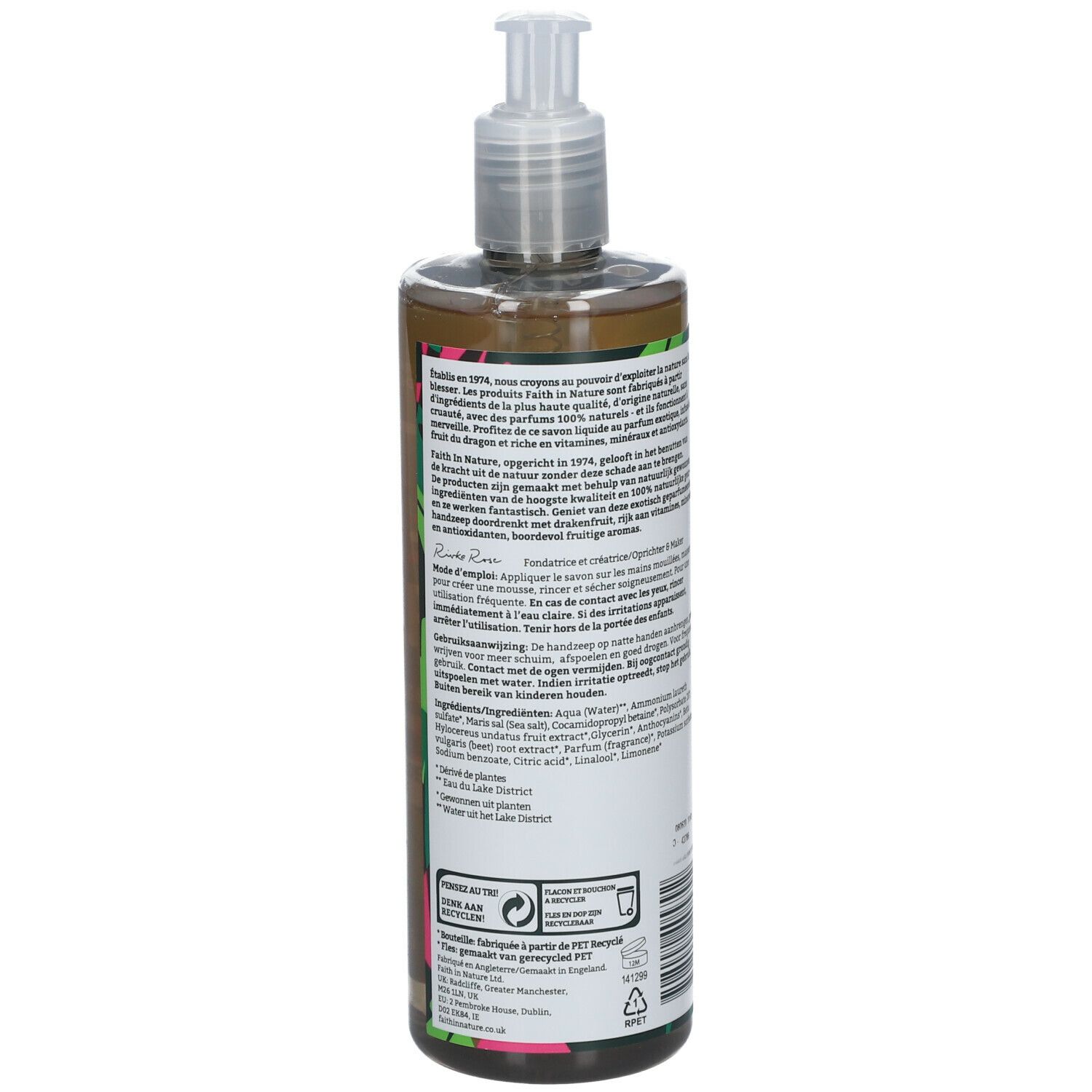 Dos de la bouteille de savon pour les mains. Texte multilingue. Informations sur les ingrédients et certifications.