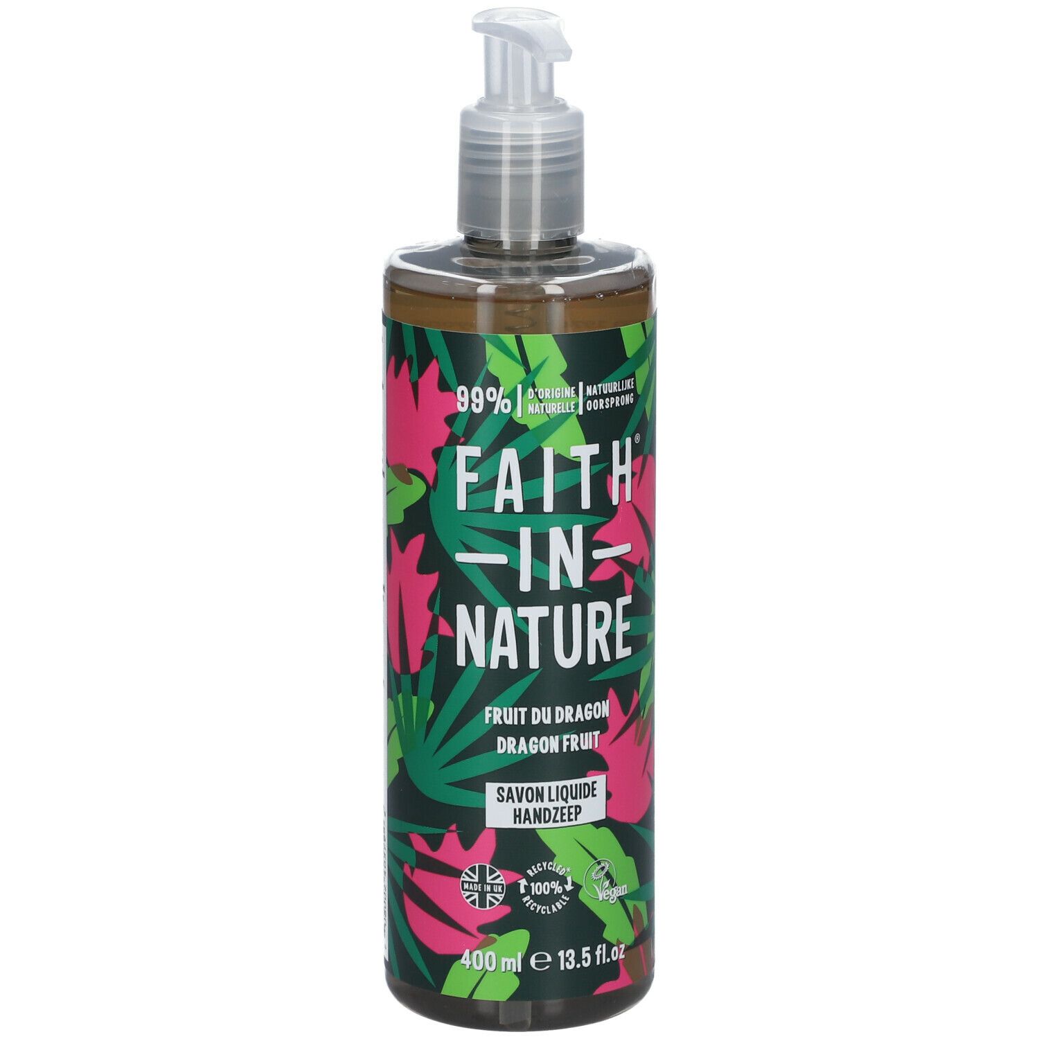 Savon liquide pour les mains à la pitaya. Bouteille avec pompe. Inscription : Faith in Nature, 400 ml.