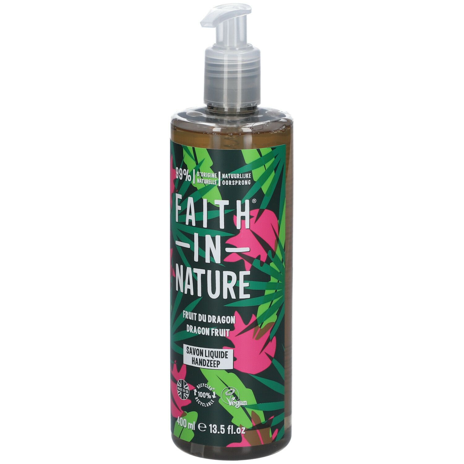 Savon liquide pour les mains à la pitaya. Bouteille avec pompe. Inscription : Faith in Nature, 400 ml.