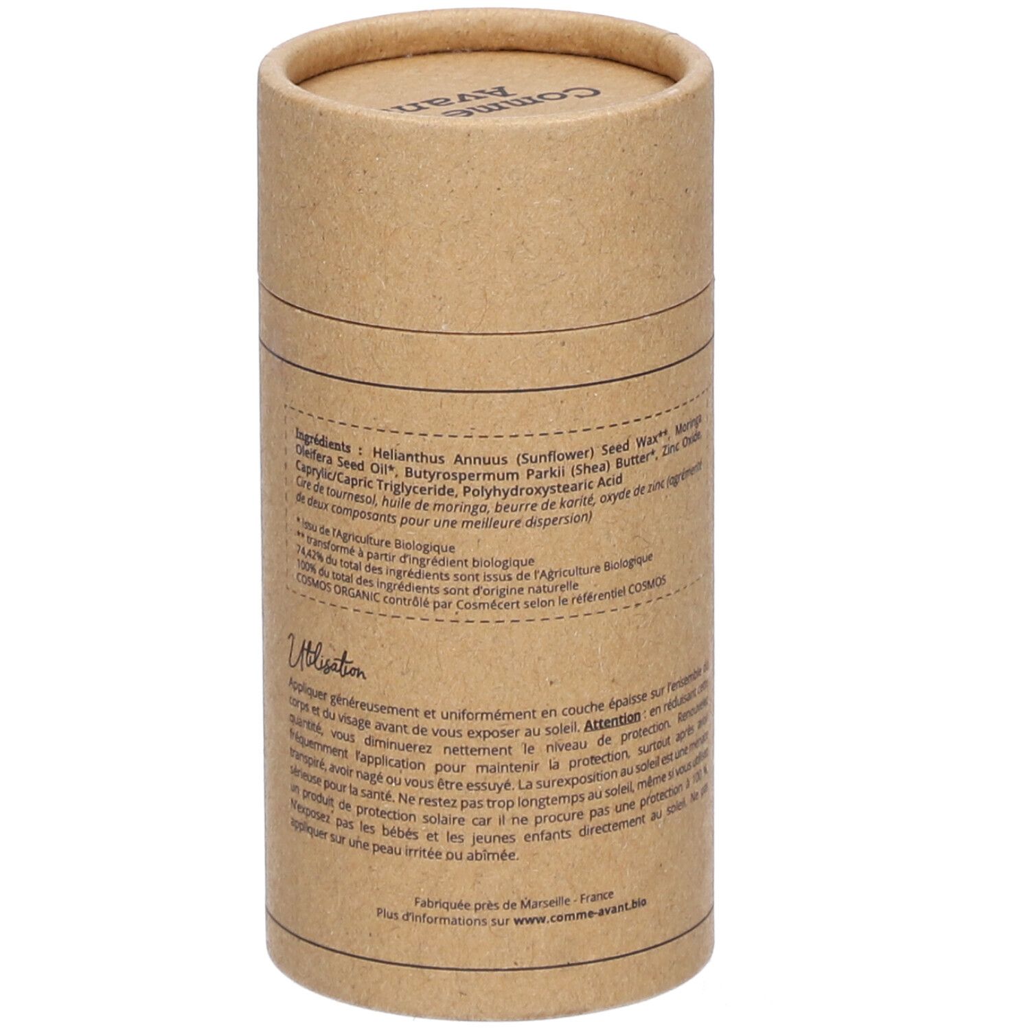 Emballage cylindrique. Texte: ingrédients, mode d'emploi. Certification bio. Fabriqué à Marseille.