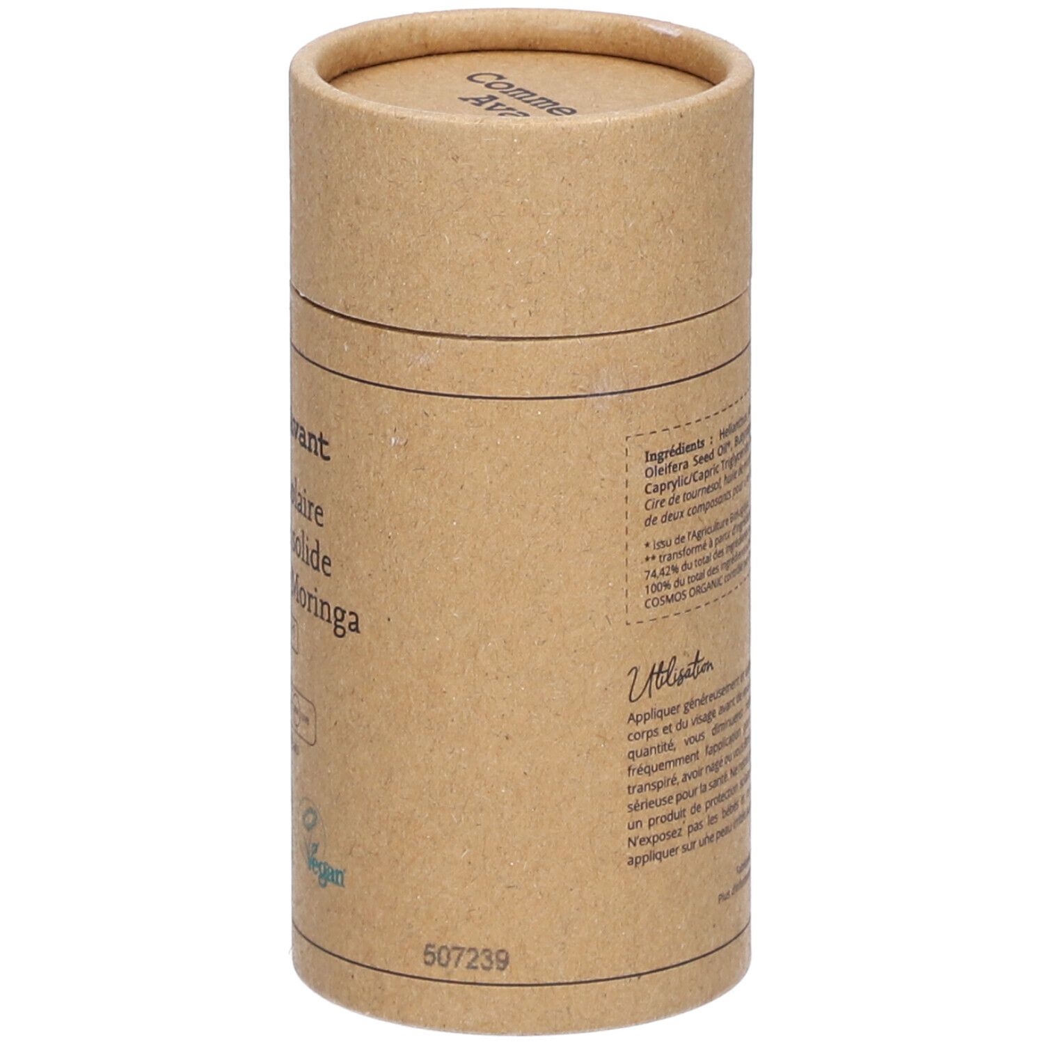 Emballage cylindrique. Crème solaire minérale solide Comme Avant à l'huile de Moringa. SPF 25. Certifié bio, vegan.