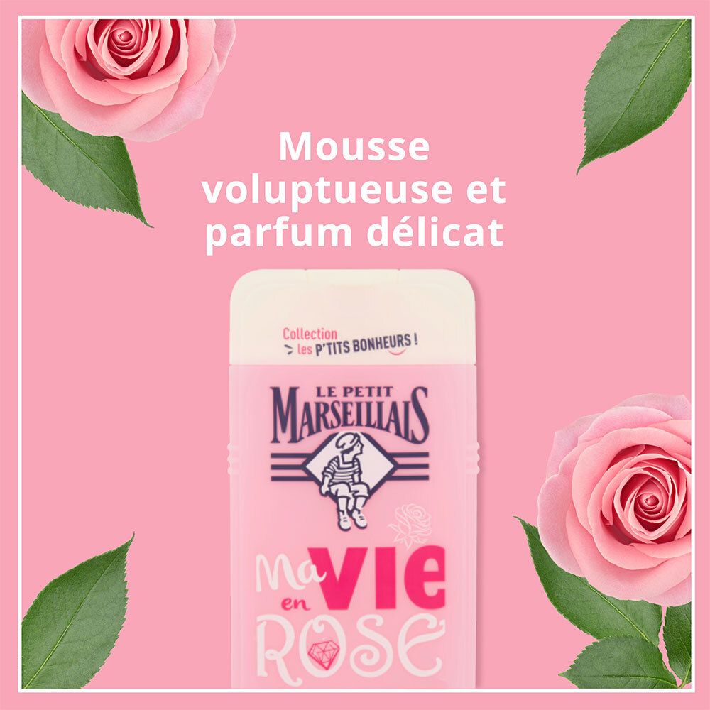 Flacon de gel douche rose. Marque Le Petit Marseillais. Texte : Ma Vie en Rose. Roses.