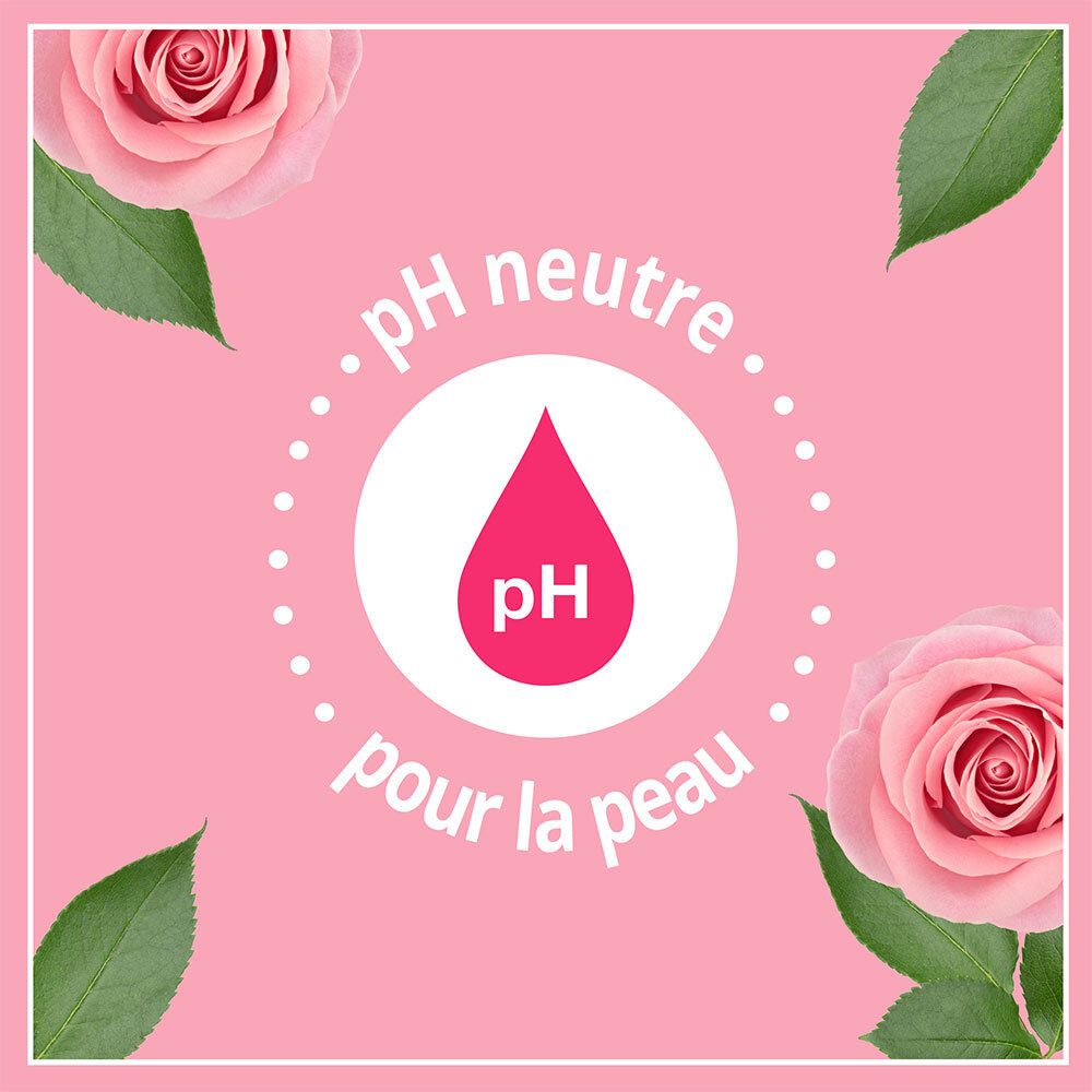 Fond rose avec des roses. Texte : pH neutre pour la peau. Symbole goutte pH.