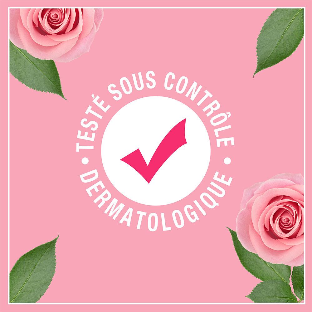 Fond rose avec des roses. Texte : Testé sous contrôle dermatologique. Symbole coche.