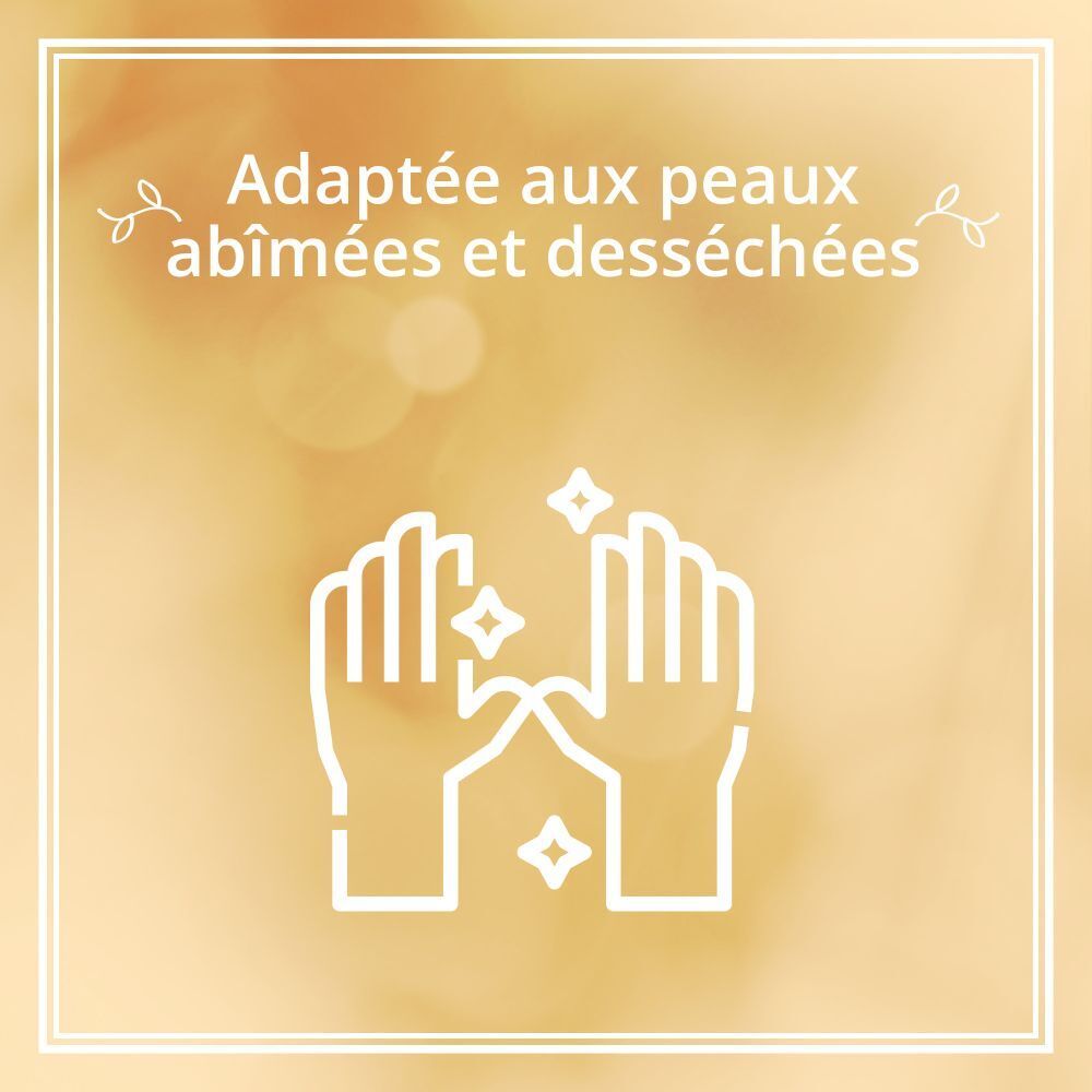 Graphique avec mains et étoiles. Texte: Adaptée aux peaux abîmées et desséchées.