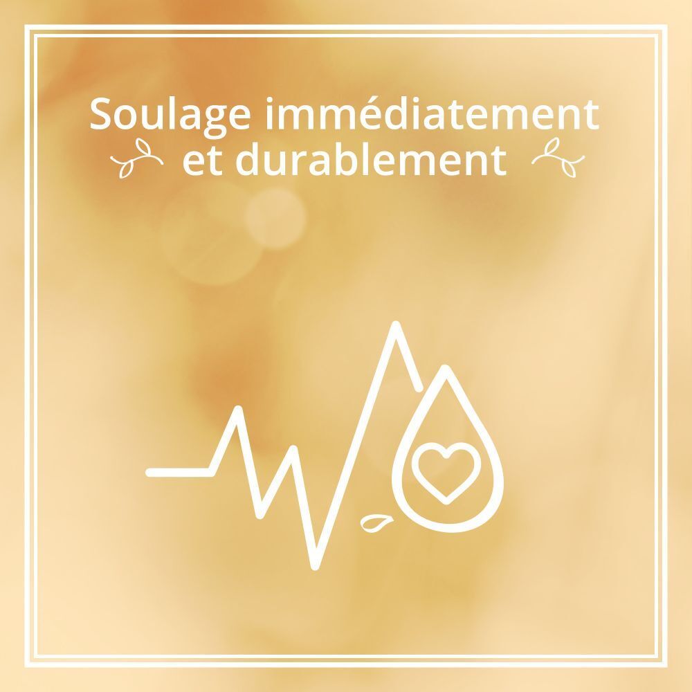 Graphique avec cœur et ligne ECG. Texte: Soulage immédiatement et durablement.
