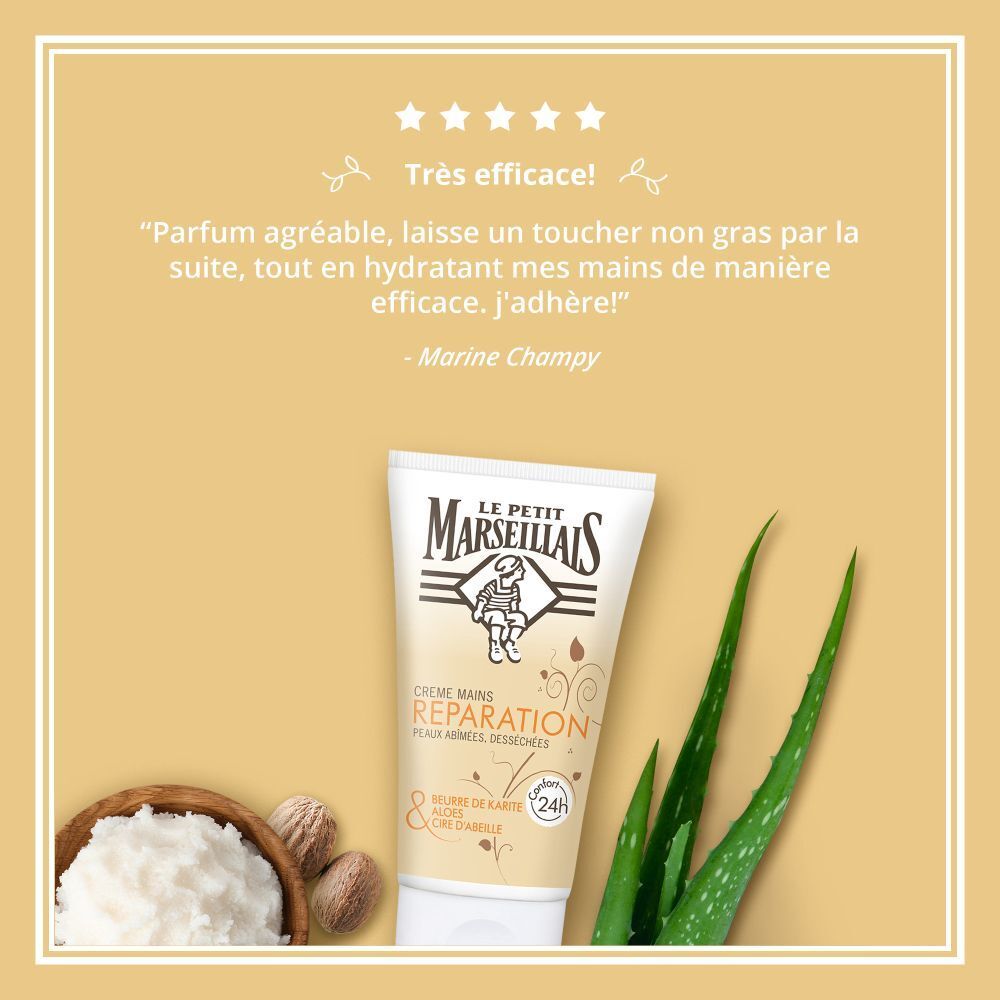 Tube de crème avec aloe vera et beurre de karité. Texte: Crème Mains Réparation, Peaux Abîmées, Desséchées. Citation: Marine Champy.