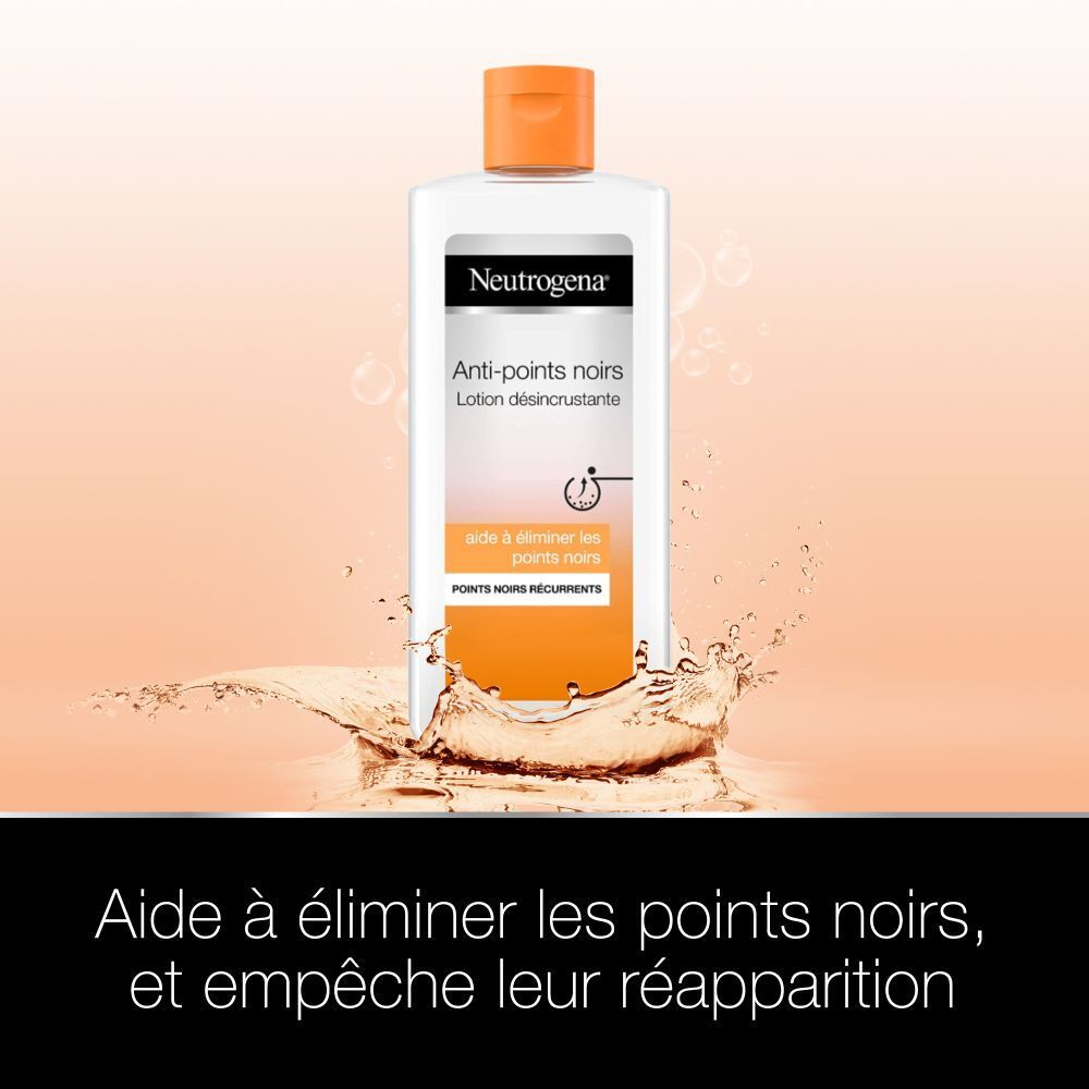 Neutrogena Anti-points noirs Lotion désincrustante. Flacon dans l'eau. Texte : Aide à éliminer les points noirs, et empêche leur réapparition.