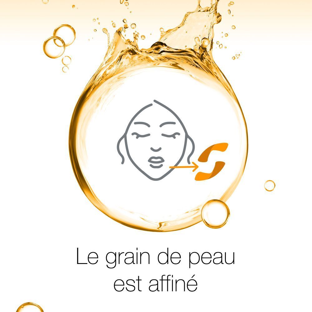 Graphique avec visage. Texte : Le grain de peau est affiné.
