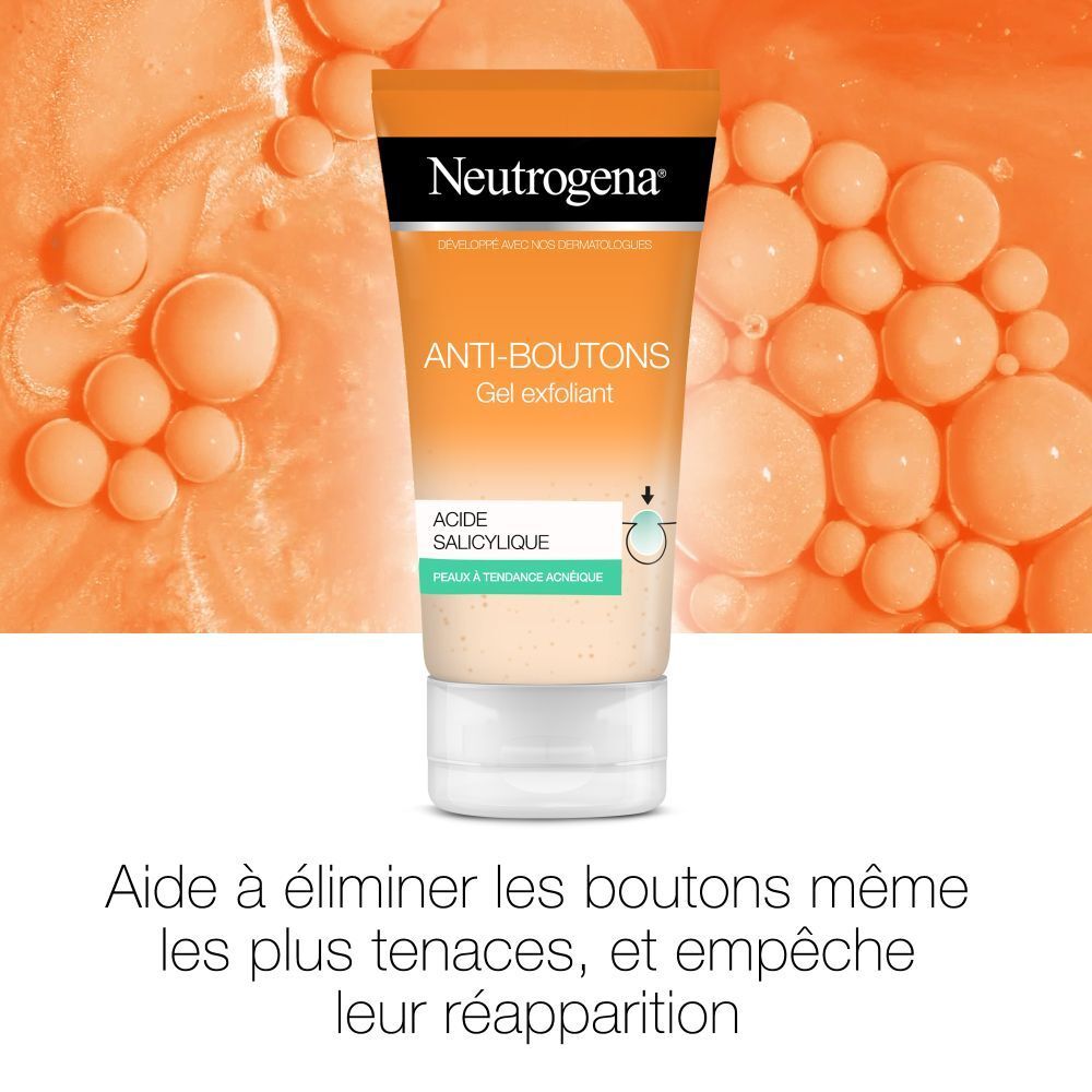 Tube de Neutrogena Anti-boutons Gel exfoliant. Texte: Anti-boutons, Gel exfoliant. Aide à éliminer les boutons et à prévenir leur réapparition.