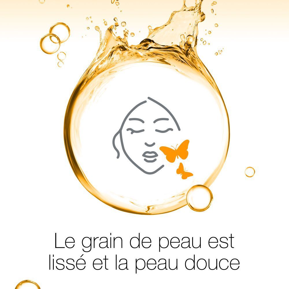 Visage avec papillons. Texte: Le grain de peau est lissé et la peau douce.