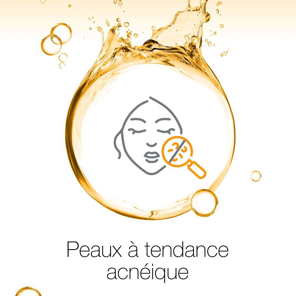 Visage avec loupe. Texte: Peaux à tendance acnéique.