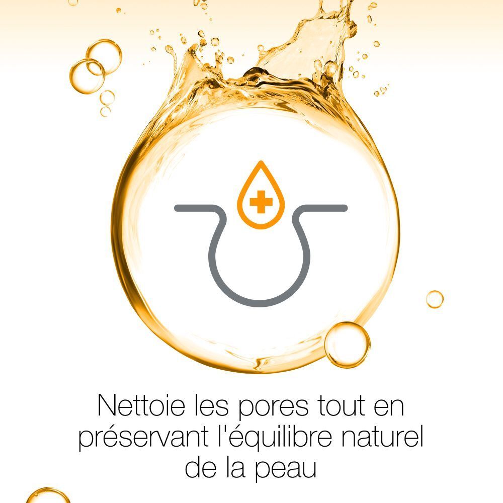 Visage avec goutte. Texte: Nettoie les pores tout en préservant l'équilibre naturel de la peau.