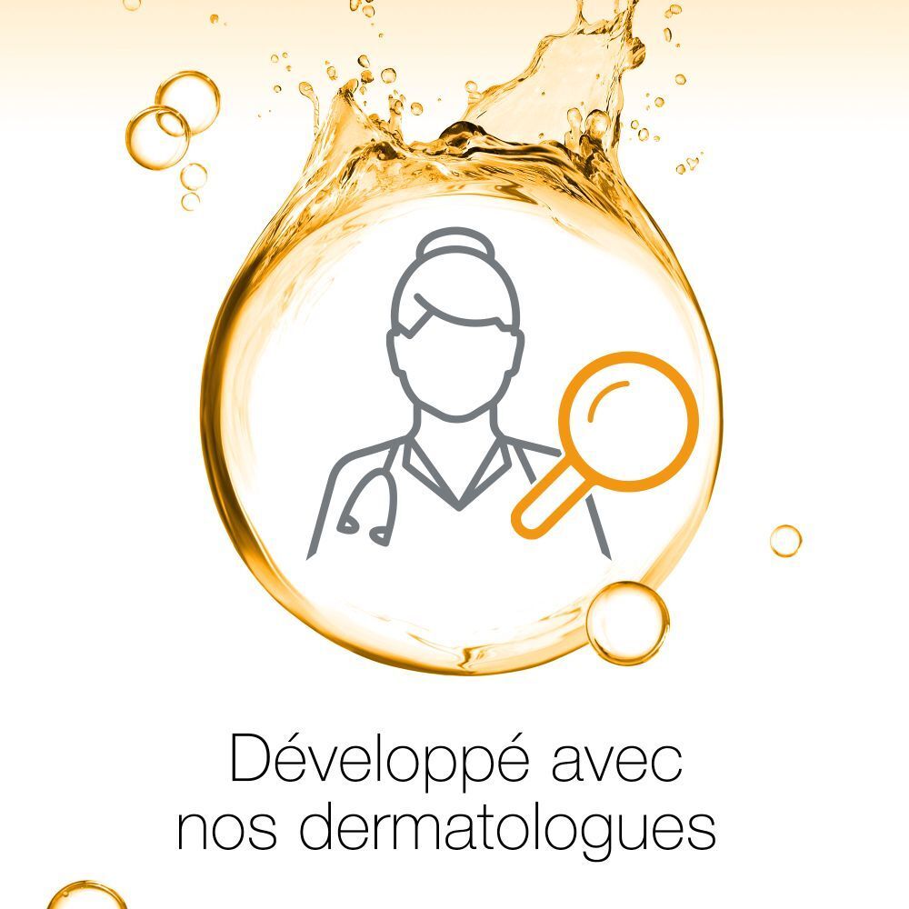 Visage avec médecin. Texte: Développé avec nos dermatologues.