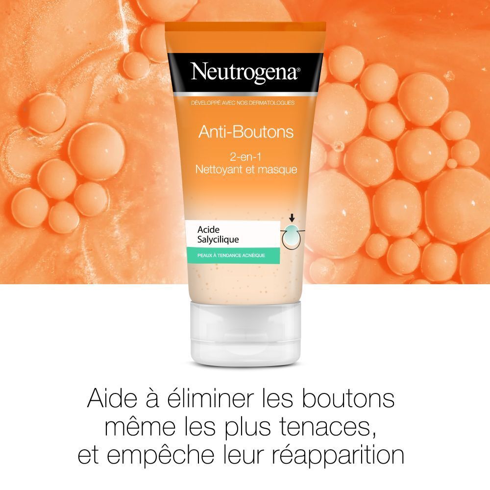 Tube Neutrogena Anti-Boutons 2-en-1 devant fond orange avec bulles. Texte: Aide à éliminer les boutons et empêche leur réapparition.