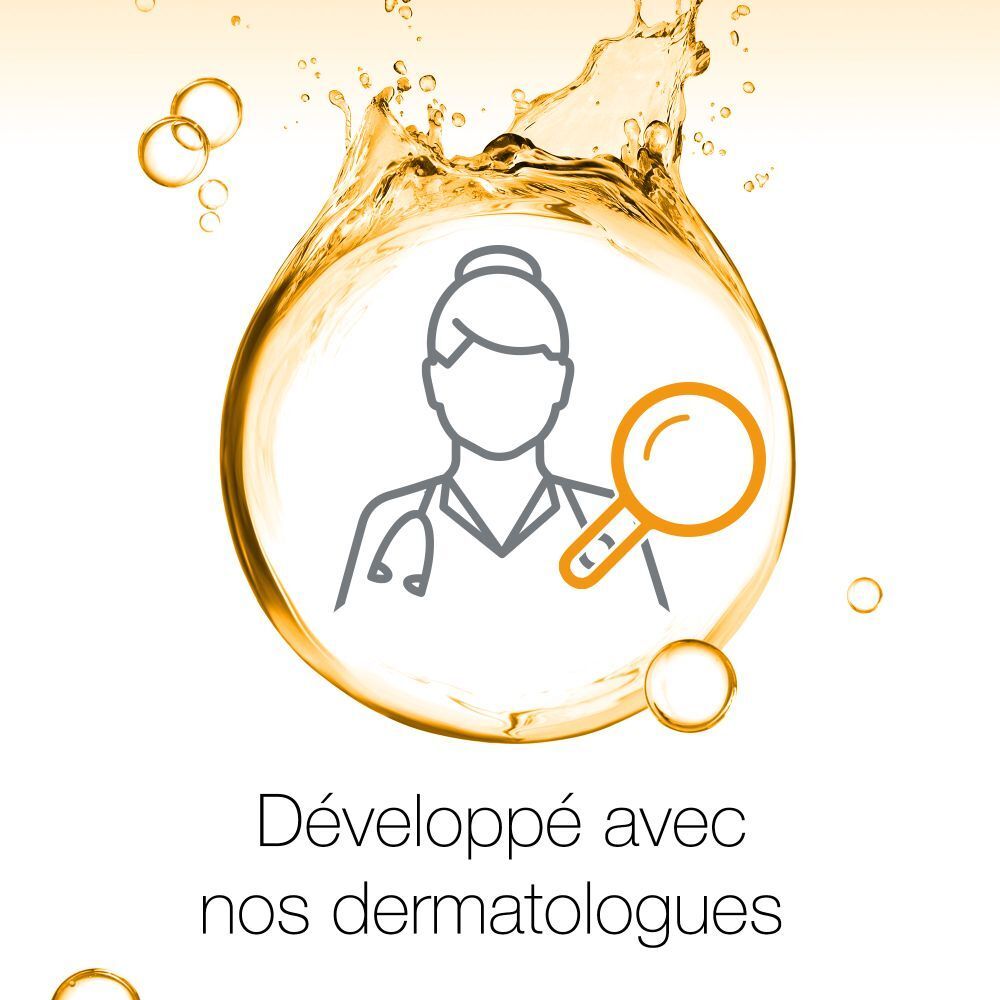 Icône d'un médecin avec une loupe dans un cercle doré. Texte: Développé avec nos dermatologues.