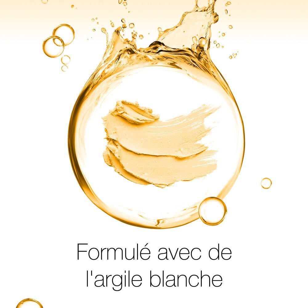 Icône avec des traits de crème dans un cercle doré. Texte: Formulé avec de l'argile blanche.