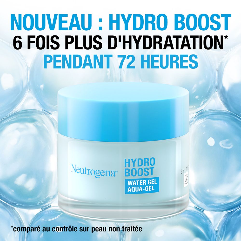 Pot Hydro Boost Aqua-Gel sur fond bleu. Texte : 6 fois plus d'hydratation pendant 72 heures.