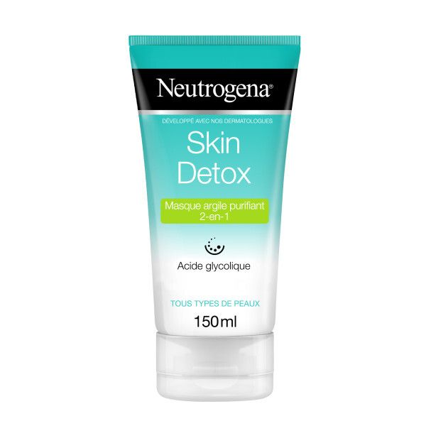 Tube de masque facial Neutrogena Skin Detox. Design turquoise et blanc. Texte: Skin Detox, Masque argile purifiant 2-en-1, Acide glycolique.