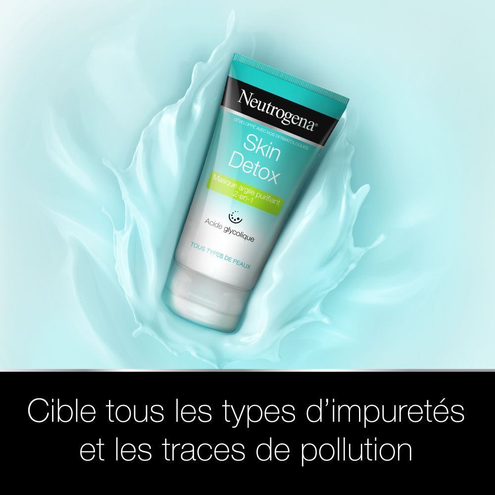 Masque Neutrogena Skin Detox dans un splash d'eau. Tube dans l'eau. Texte: Skin Detox, Masque argile purifiant 2-en-1. Texte: Cible tous les types d'impuretés.