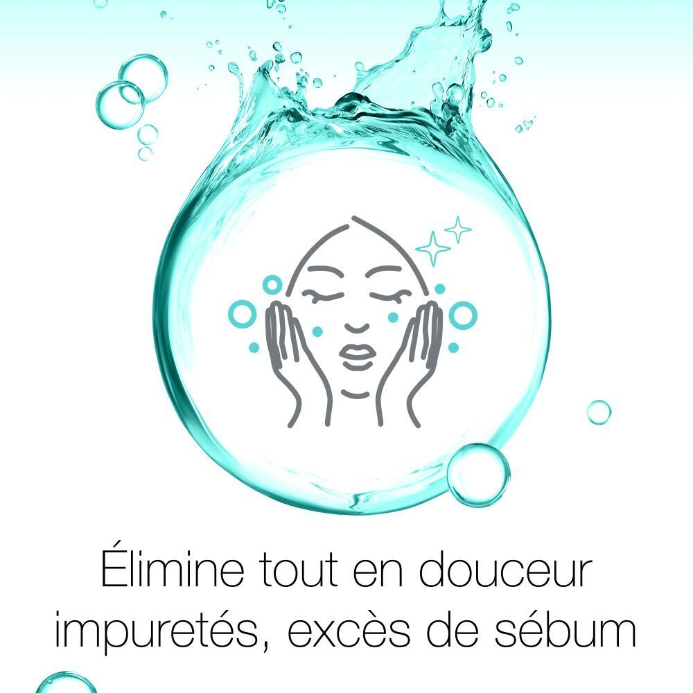 Graphique: visage avec mains, entouré d'eau. Texte: Élimine tout en douceur impuretés, excès de sébum.