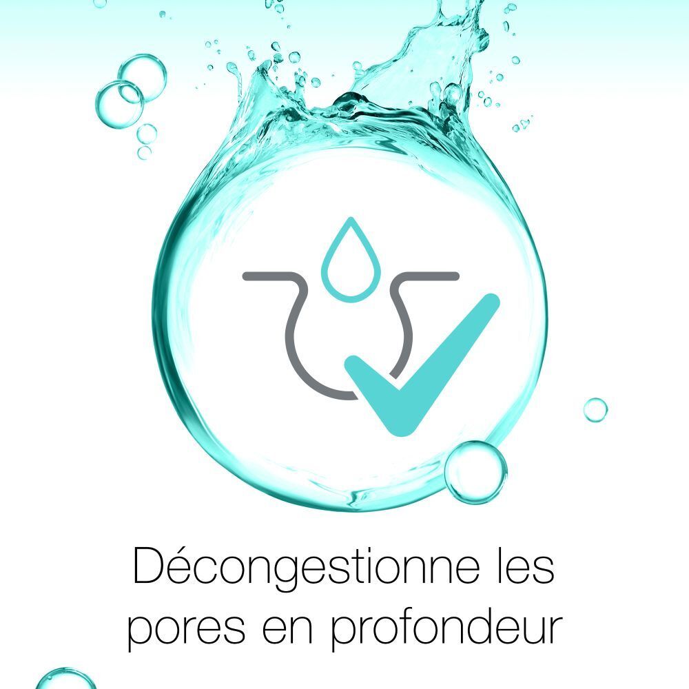 Graphique: symbole de pores dans l'eau. Texte: Décongestionne les pores en profondeur.