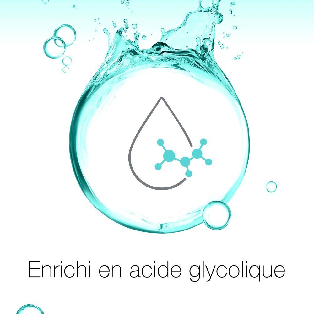 Graphique: symbole de molécule dans l'eau. Texte: Enrichi en acide glycolique.