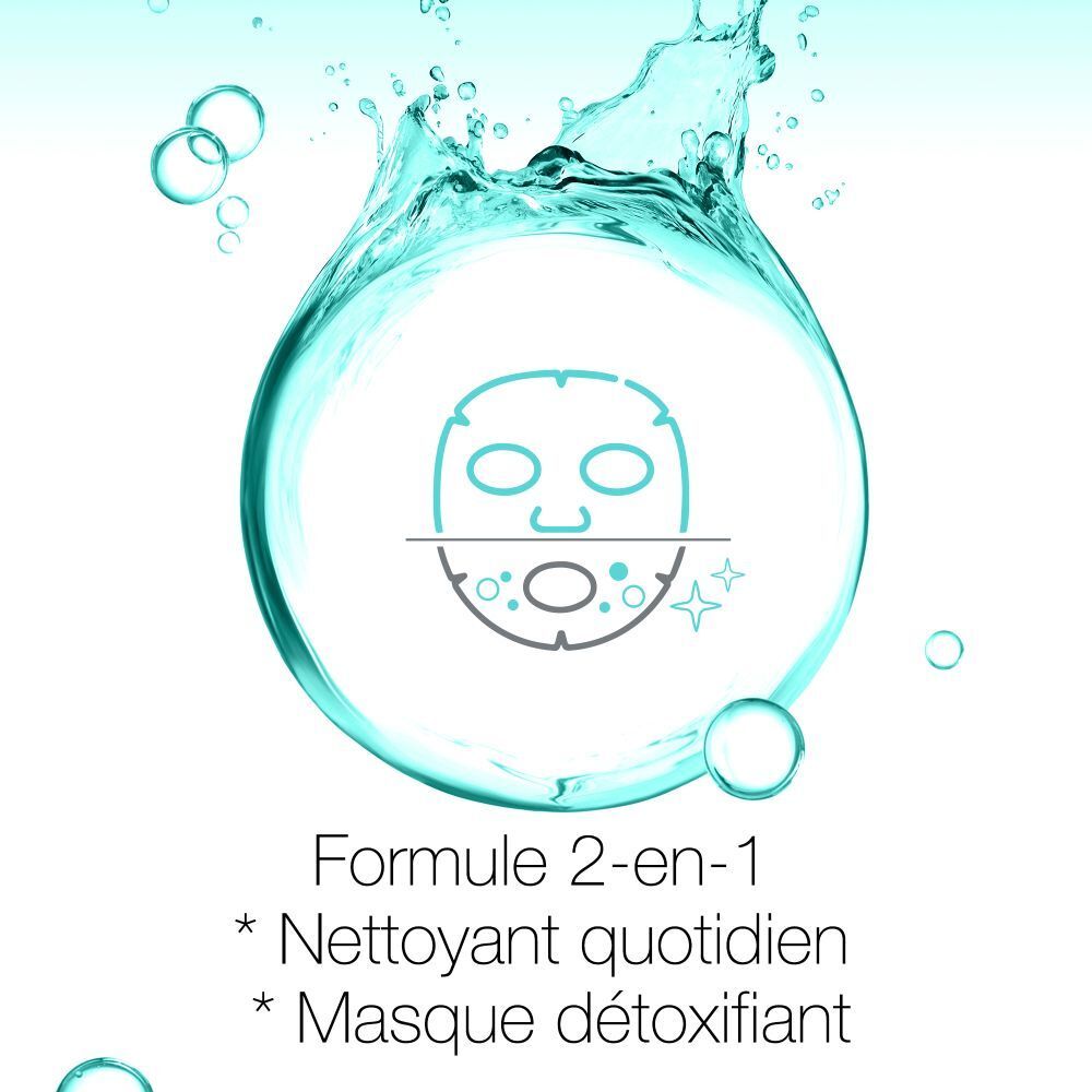 Graphique: visage avec masque dans l'eau. Texte: Formule 2-en-1. Nettoyant quotidien. Masque détoxifiant.