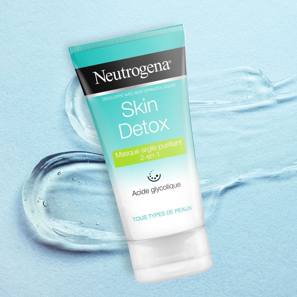Masque Neutrogena Skin Detox dans l'eau. Tube dans l'eau. Texte: Skin Detox, Masque argile purifiant 2-en-1, Acide glycolique.
