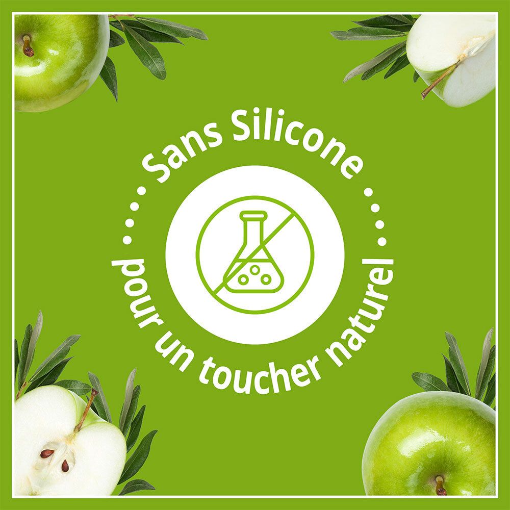 Logo circulaire avec texte: Sans Silicone pour un toucher naturel. Pommes et feuilles d'olivier.