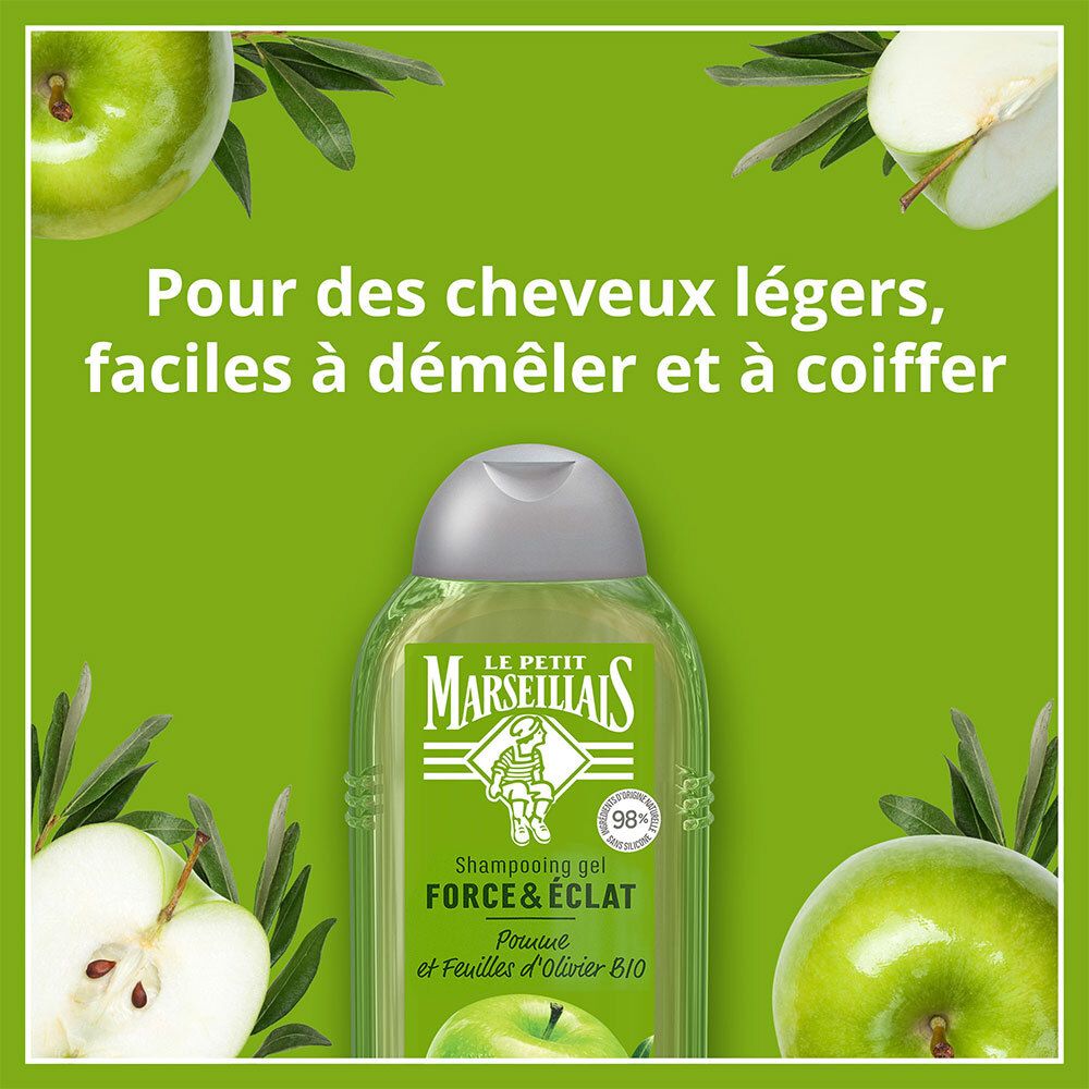 Flacon de shampoing avec pommes et feuilles d'olivier. Texte: Pour des cheveux légers, faciles à démêler.