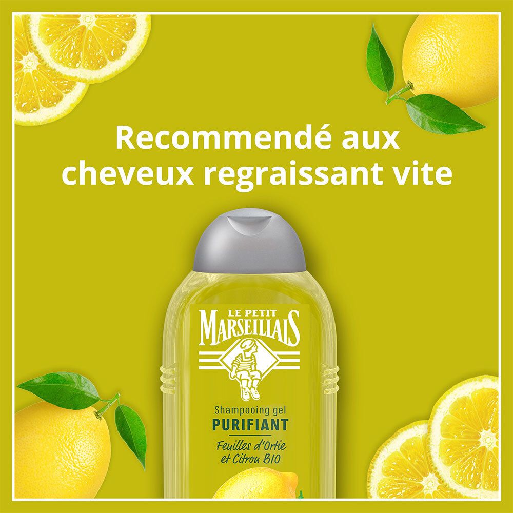 Fond jaune avec citrons et texte : Recommandé pour les cheveux regraissant vite. Flacon de shampoing Le Petit Marseillais.