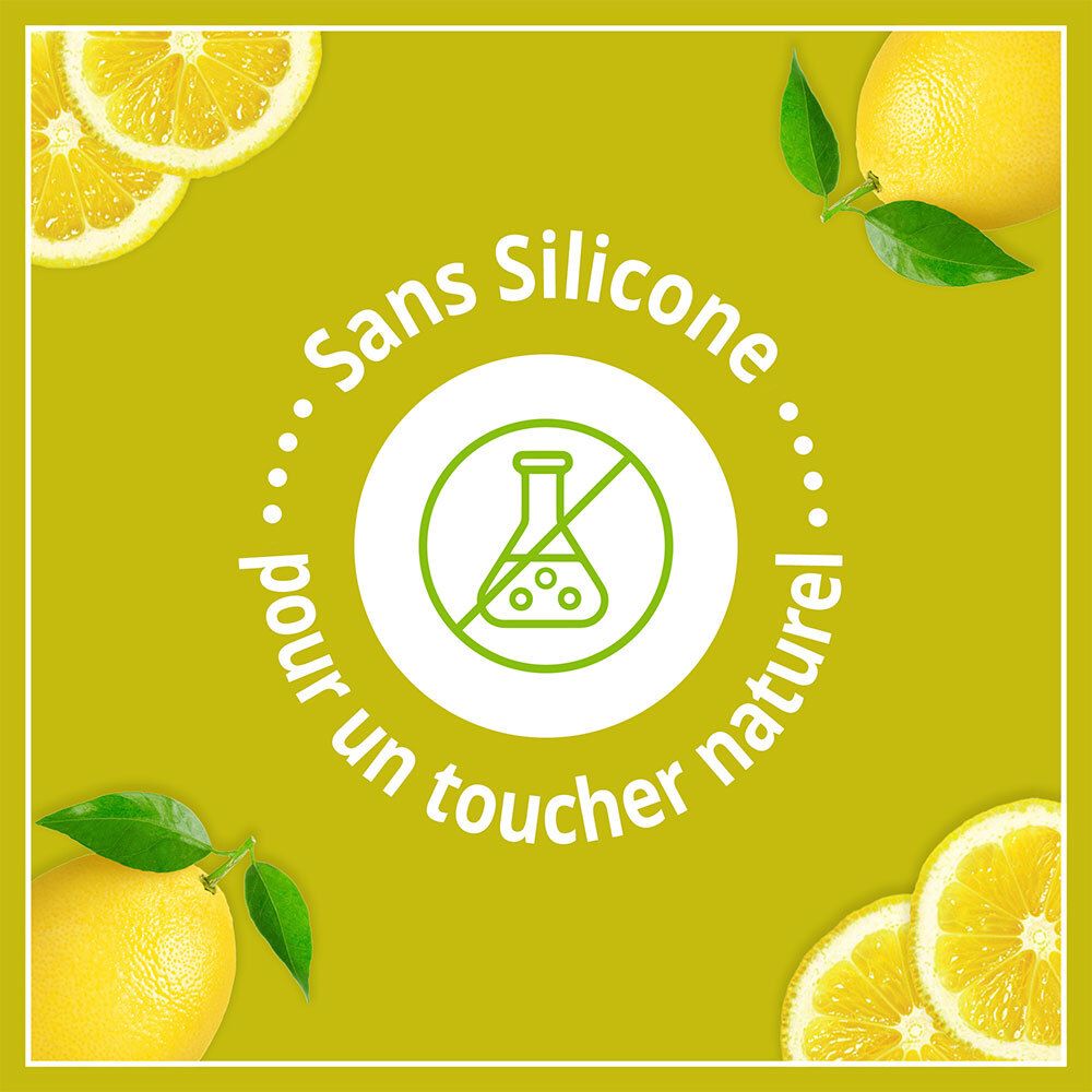 Fond jaune avec citrons et texte : Sans silicone pour un toucher naturel. Logo avec tube à essai.
