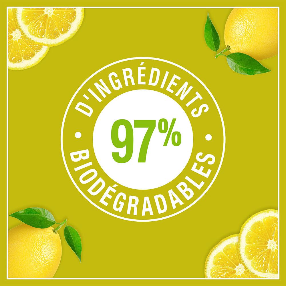 Fond jaune avec citrons et texte : 97% biodégradables. Logo avec pourcentage.