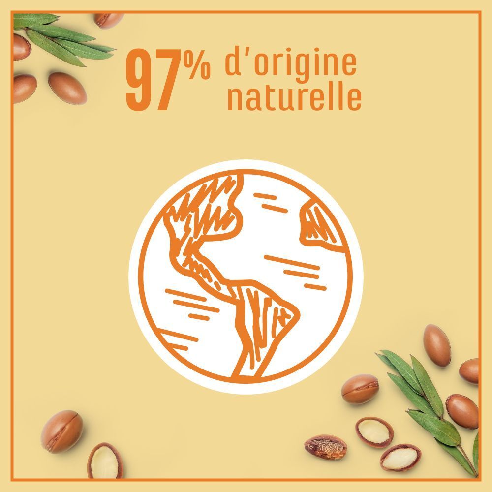 Image: 97% d'origine naturelle. Noix d'argan et feuilles entourent un globe terrestre.