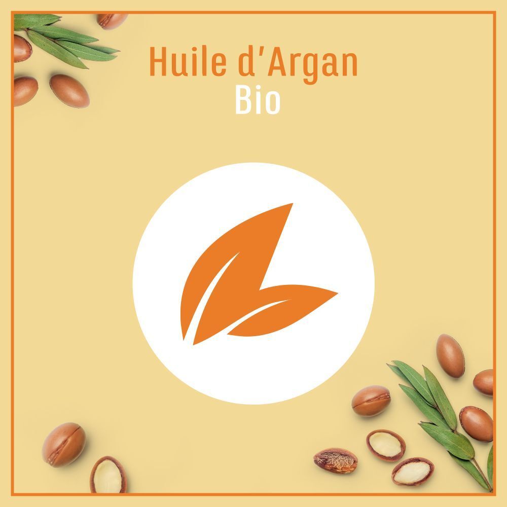 Image: Huile d'Argan Bio. Deux feuilles orange dans un cercle. Noix d'argan et feuilles.