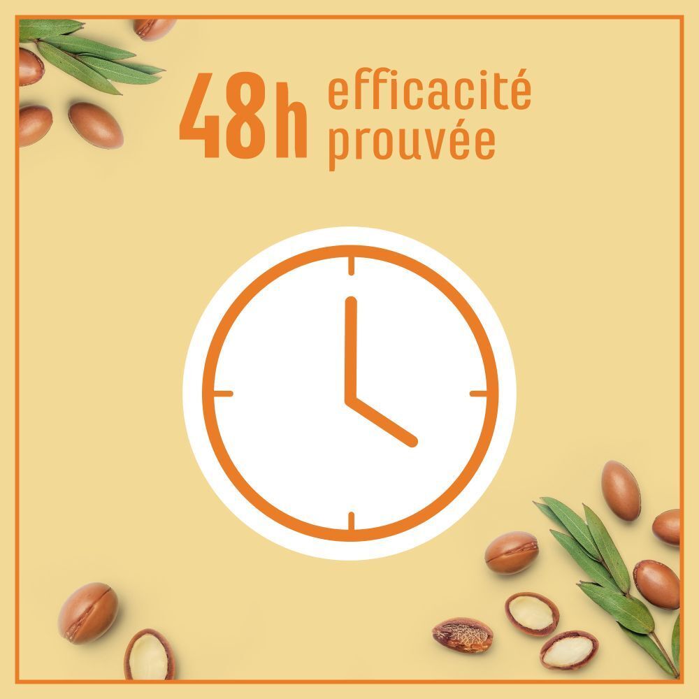 Image: 48h efficacité prouvée. Une horloge avec des aiguilles. Noix d'argan et feuilles.