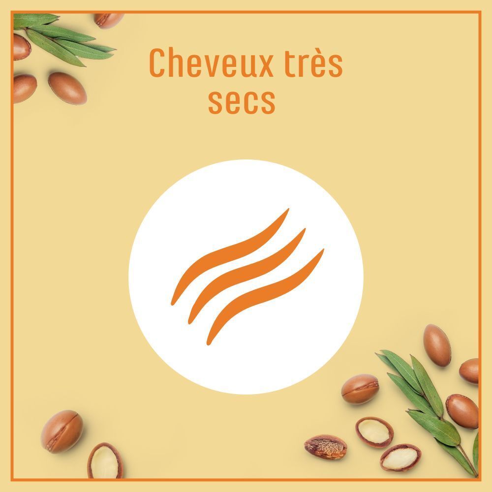 Image: Cheveux très secs. Trois lignes orange dans un cercle. Noix d'argan et feuilles.