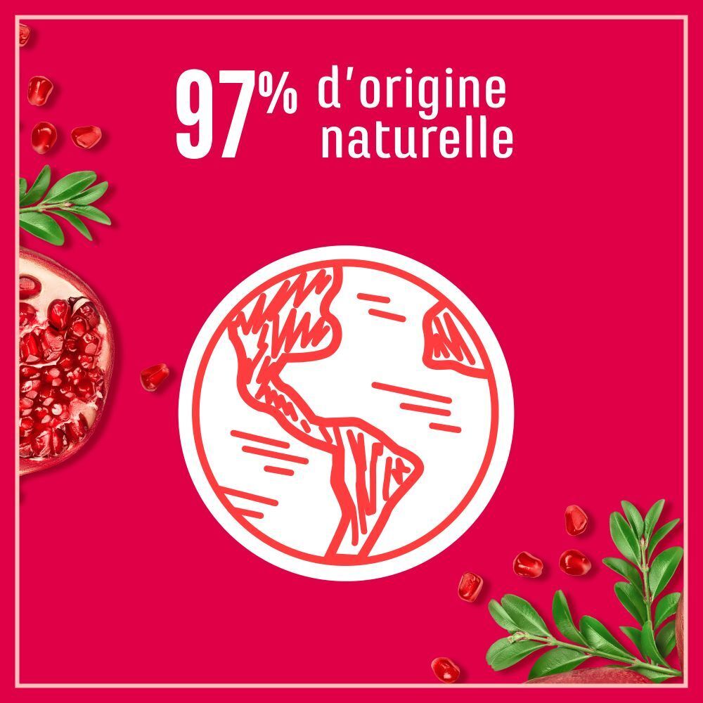 Roter Hintergrund mit weißem Kreis und Text: 97% d'origine naturelle. Erd-Symbol.
