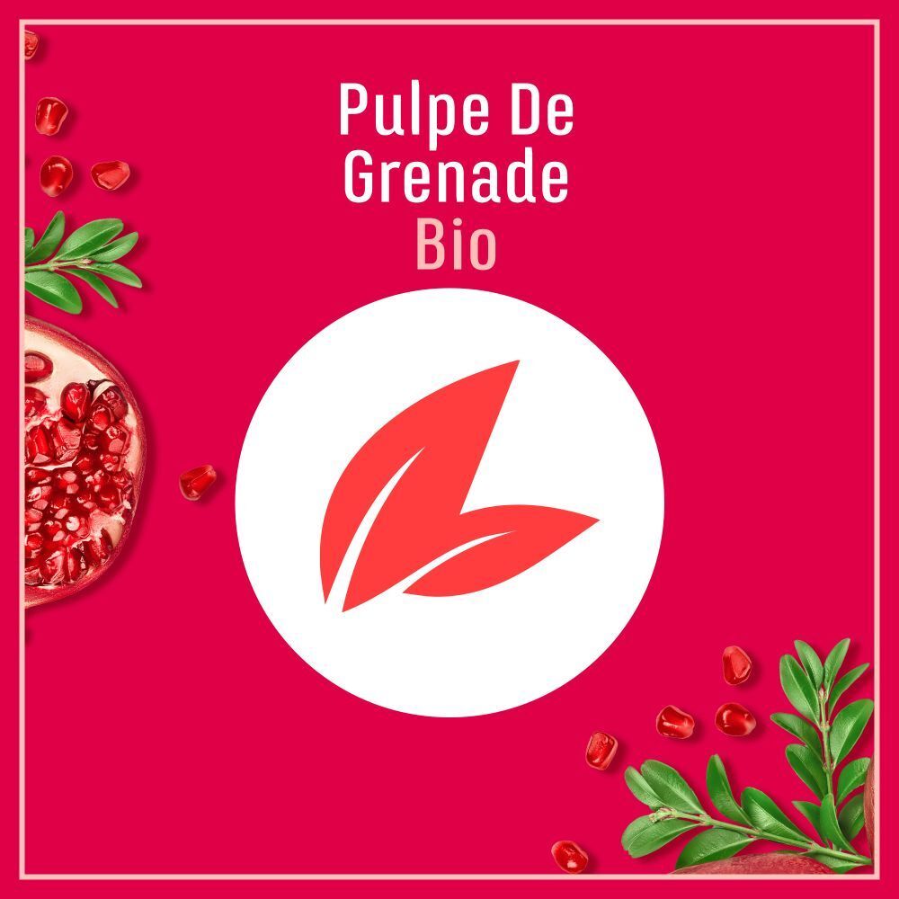 Roter Hintergrund mit weißem Kreis und Text: Pulpe De Grenade Bio. Zwei rote Blätter.