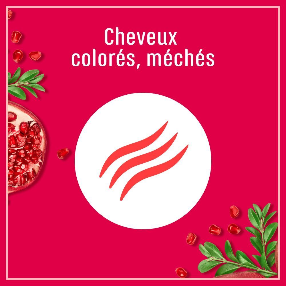 Roter Hintergrund mit weißem Kreis und Text: Cheveux colorés, méchés. Wellen-Symbol.