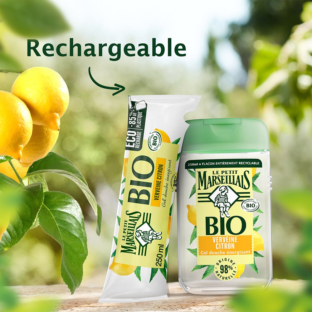 Duschgel-Flasche und Nachfüllpackung. Aufschrift: BIO, Zitrone, 98% natürlich. Nachfüllbar.