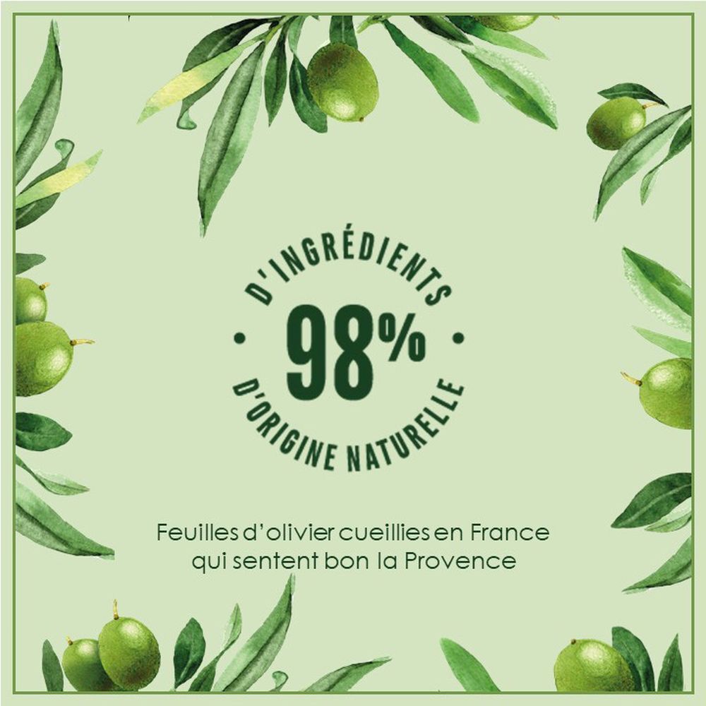 Cirkelvormige afbeelding met olijftakken en olijven. Tekst: 98% ingrediënten van natuurlijke oorsprong. Tekst: Feuilles d'olivier... Provence.