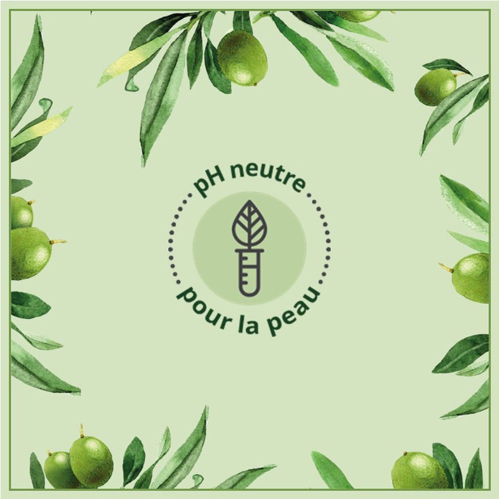 Cirkelvormige afbeelding met olijftakken en olijven. Tekst: pH neutre pour la peau. Logo: blad in reageerbuis.